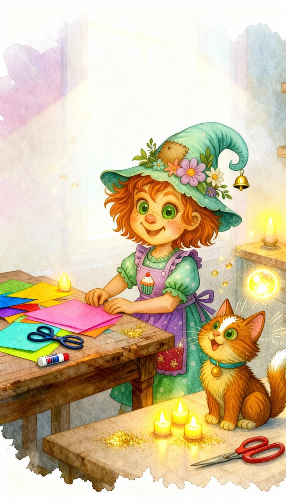 Ein Mädchen mit einem grünen Hut bastelt mit buntem Papier, dabei beobachtet ein Kätzchen.