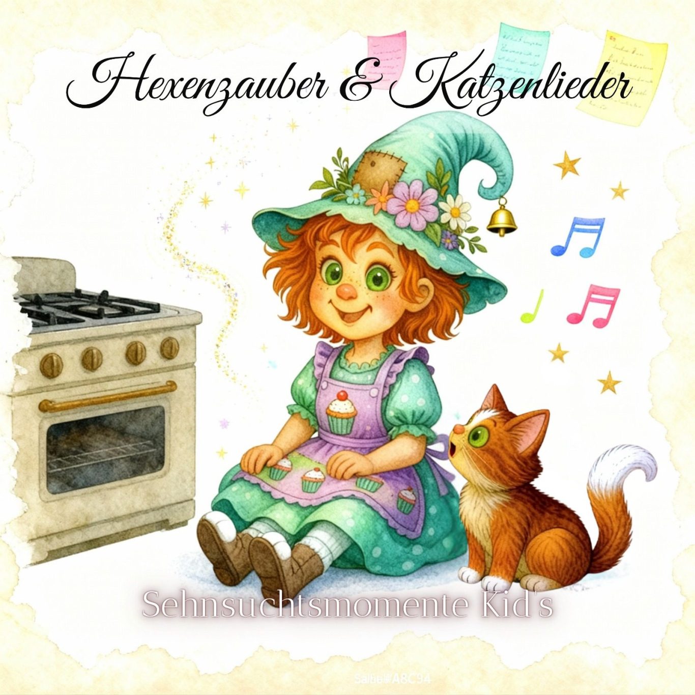 Ein Mädchen mit einem Hexenhut sitzt neben einem Kochherd und einem roten Hund.