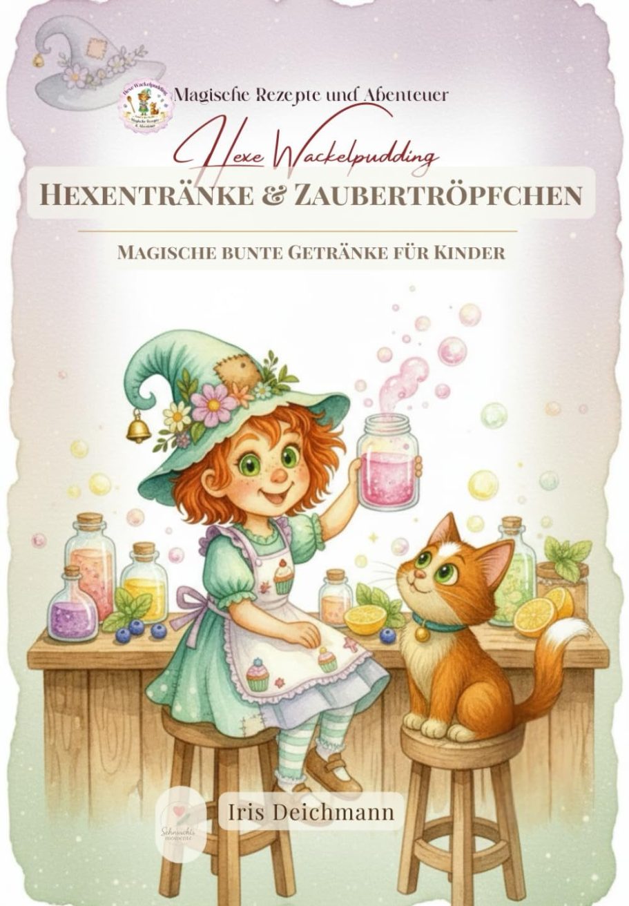 Ein Mädchen mit einem Zauberhut und einem Kätzchen, umgeben von bunten Fläschchen.