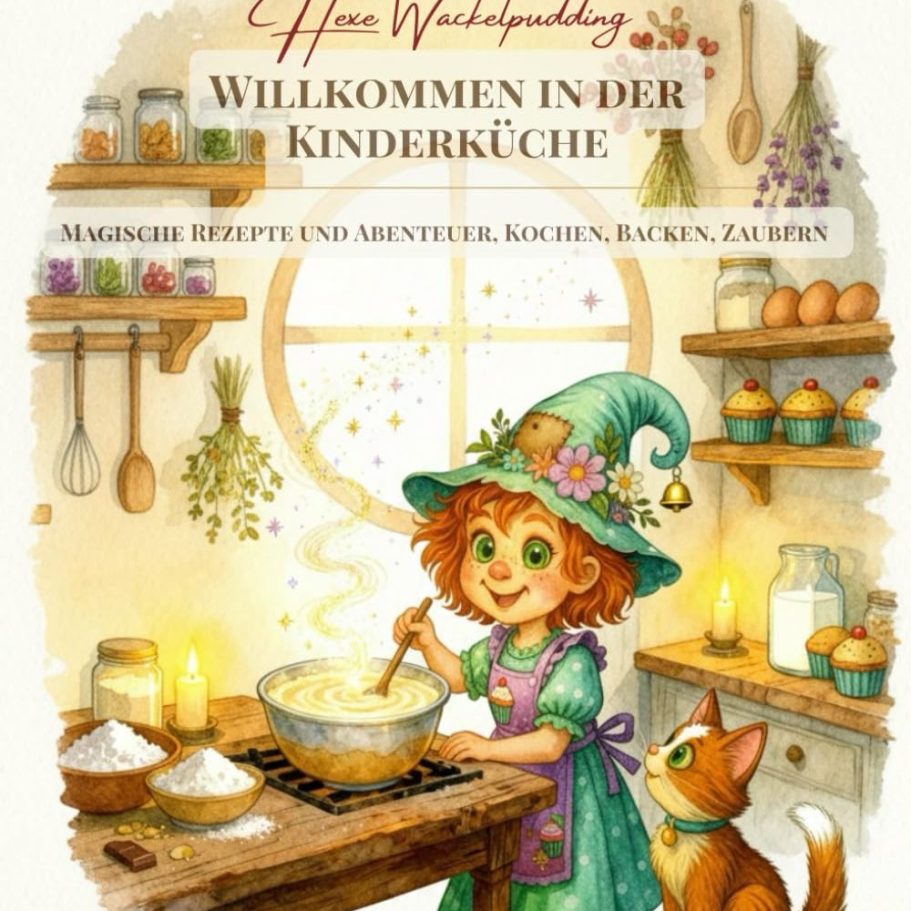 Ein Mädchen in einer Zaubererkappe kocht in einer bunten Küche mit einem Hund.