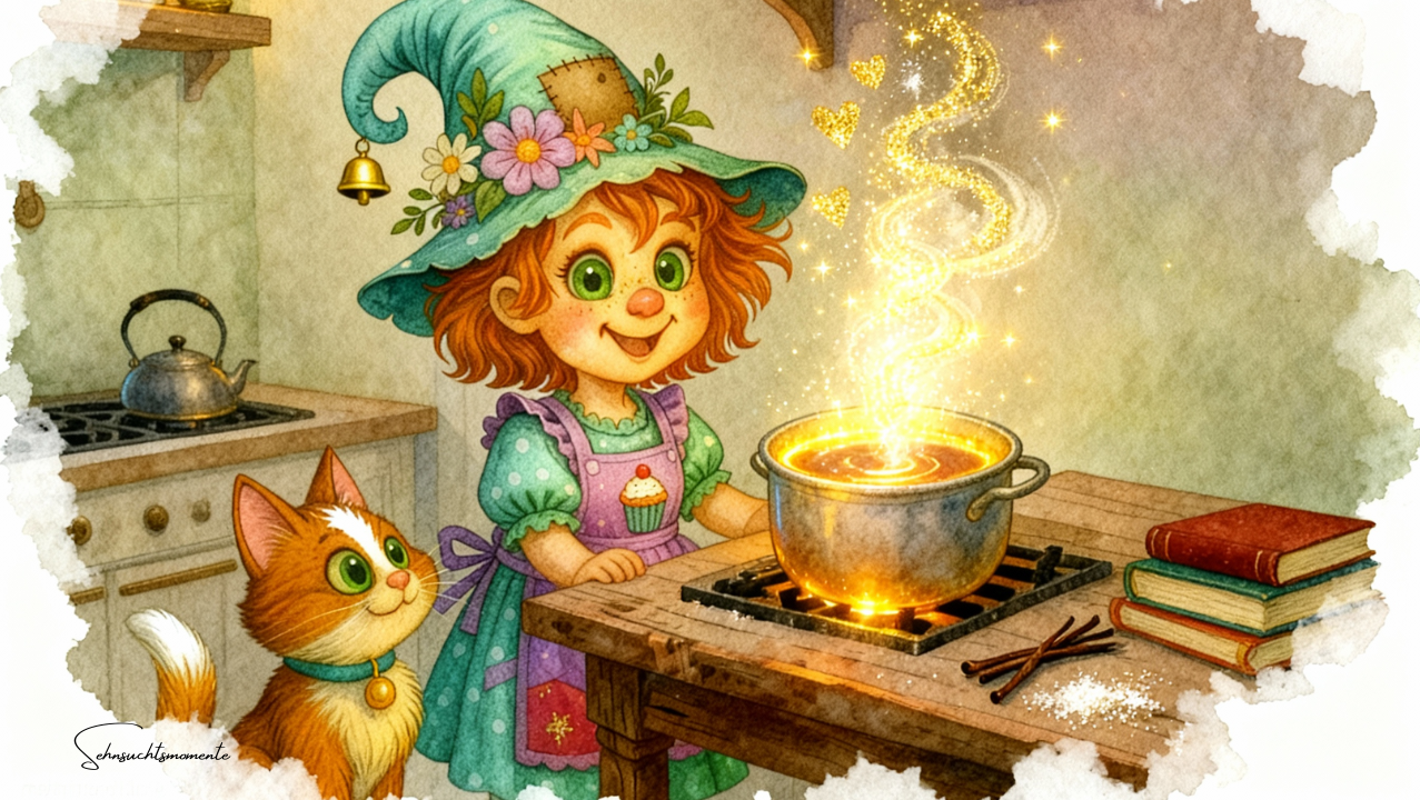 Kochen in der Hexenküche Ein fröhliches Mädchen in einem Zauberhut rührt in einem magischen Topf. Ein neugieriger Kater schaut zu.
