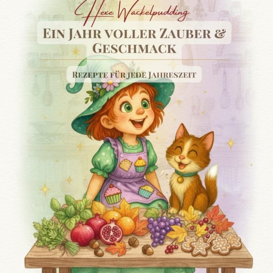 Mädchen mit Hut und Hund, umgeben von Früchten und Gemüse, in einem bunten, magischen Design.