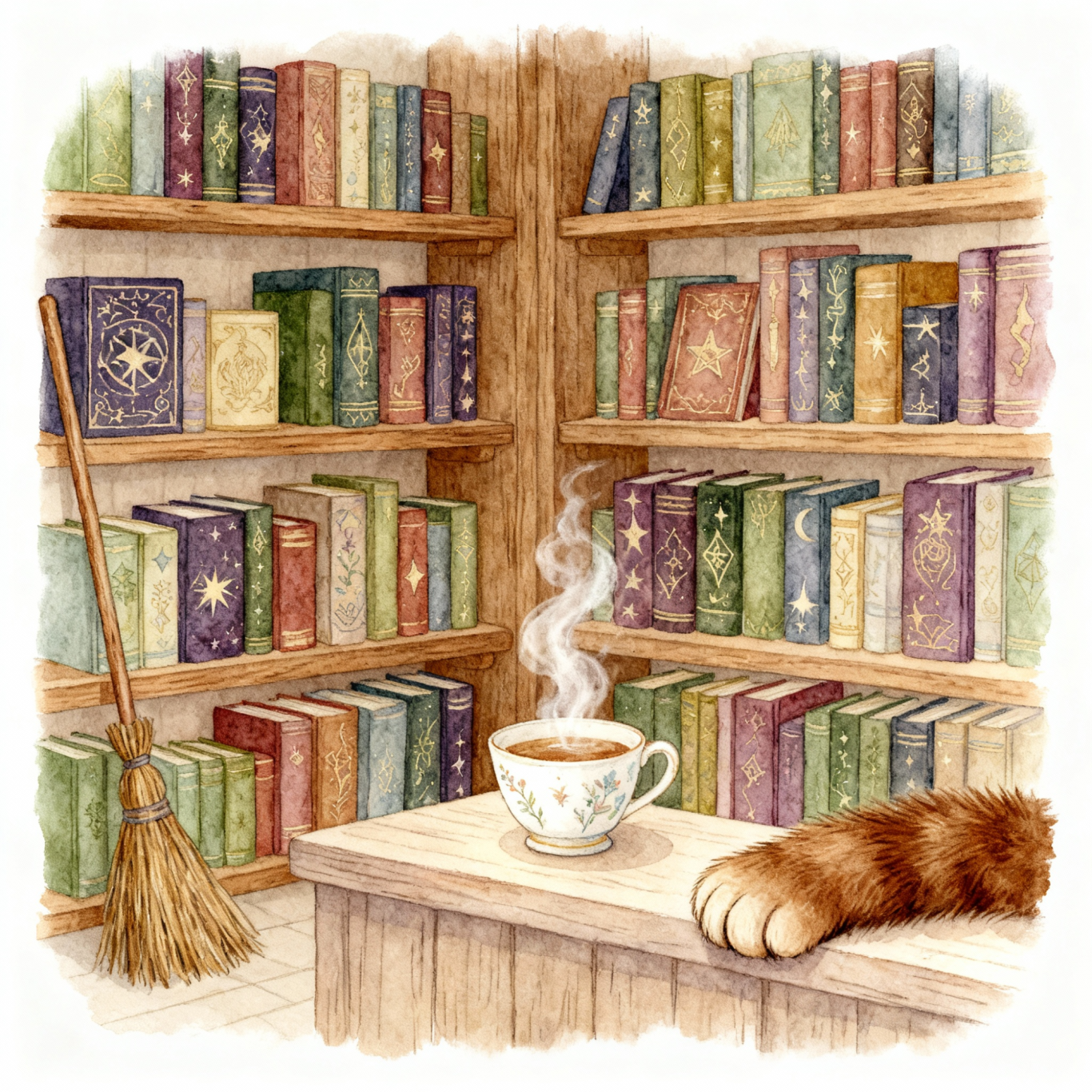 Unsere Bücher Eine gemütliche Bibliothek mit Bücherregalen, einer dampfenden Tasse Tee und einer Katze.