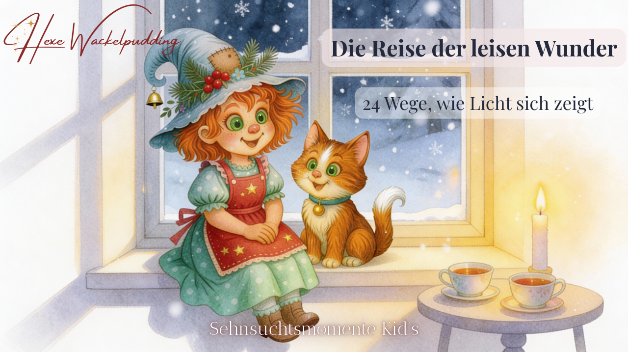 Das verschwunden Sternenlicht Ein Mädchen in einem bunten Kleid, begleitet von einer Katze, vor einer winterlichen Landschaft.